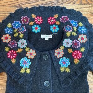 Girls Floral Embroidered Black Wool Sweater Coat with Colorful Flowers